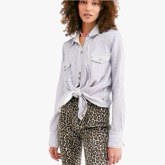 Free People We The Free Blue White Stripe Button Down Shirt Women’s Size Medium - Picture 1 of 8